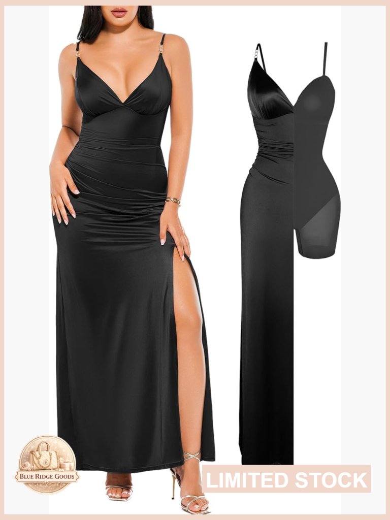 Satin Maxi Dress Deep V Neck Ruched Shapewear Side Slit Cocktail Formal